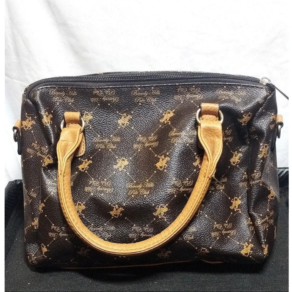 Beverly Hills Polo Club Brown Monogram Satchel Bag Striped Lining BHPC Logo